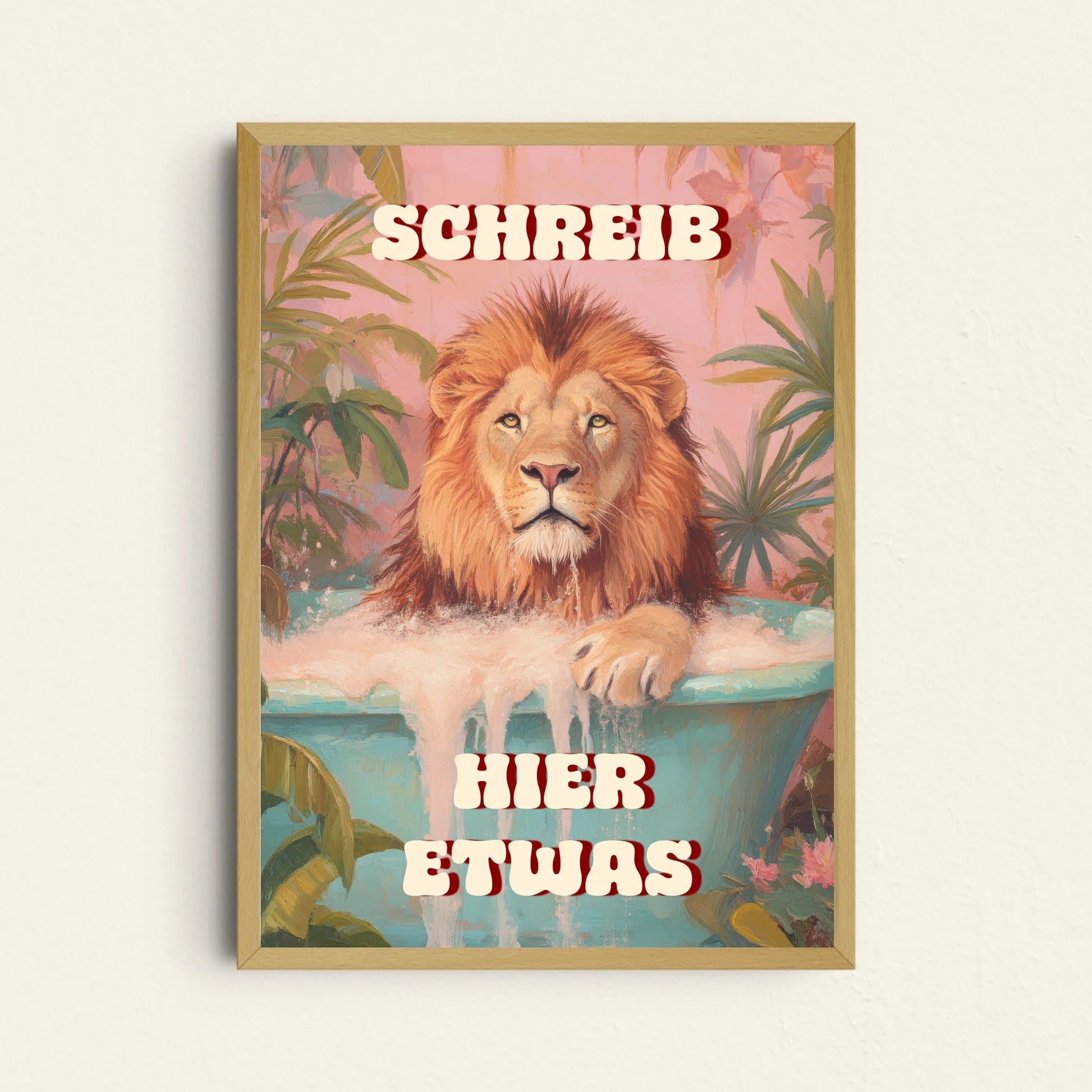 Löwe in Badewanne Poster personalisierbar mit Wunschtext für kreative Tierkunst