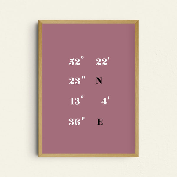 Poster mit Koordinaten des Heimatortes im minimalistischen Stil

