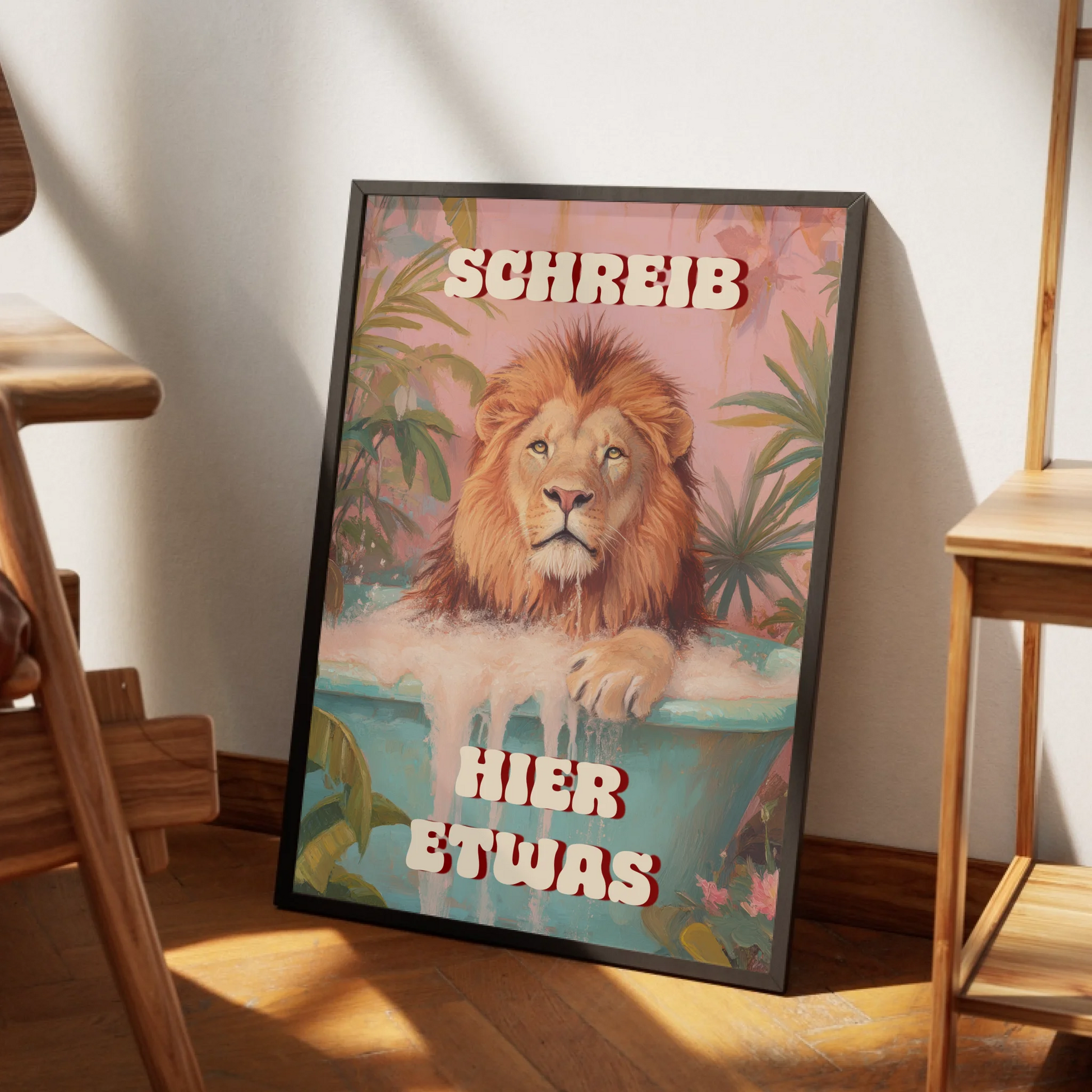 Witziges Löwe Badezimmer Kunstposter individuell beschriftbar für Statement-Wände
