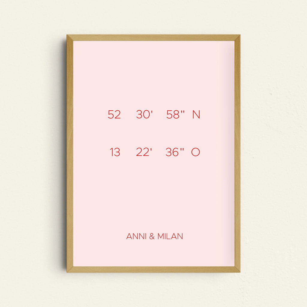 Heimat GPS-Poster in Rosa mit personalisierten Wohnort-Koordinaten
