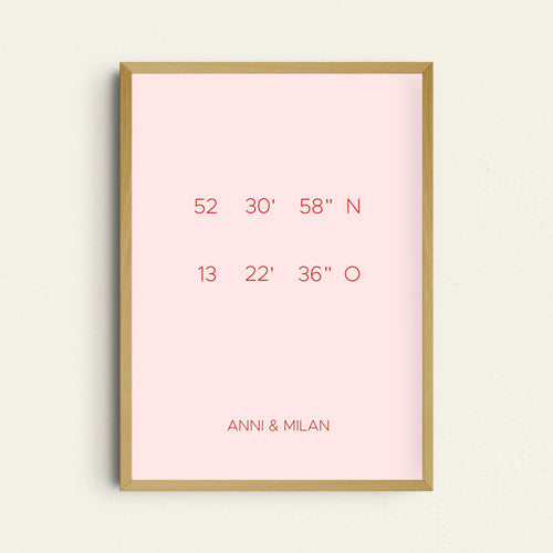 Heimat GPS-Poster in Rosa mit personalisierten Wohnort-Koordinaten
