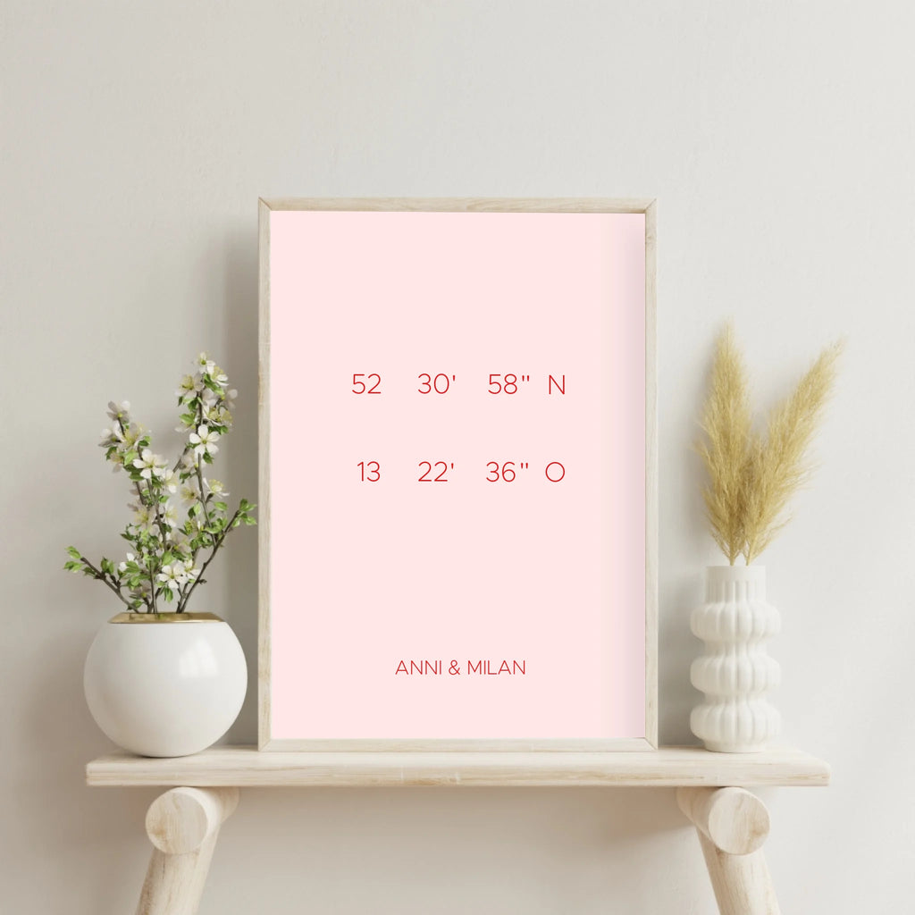 Heimatgefühl Koordinaten-Poster rosa mit individualisierten Ortsdaten
